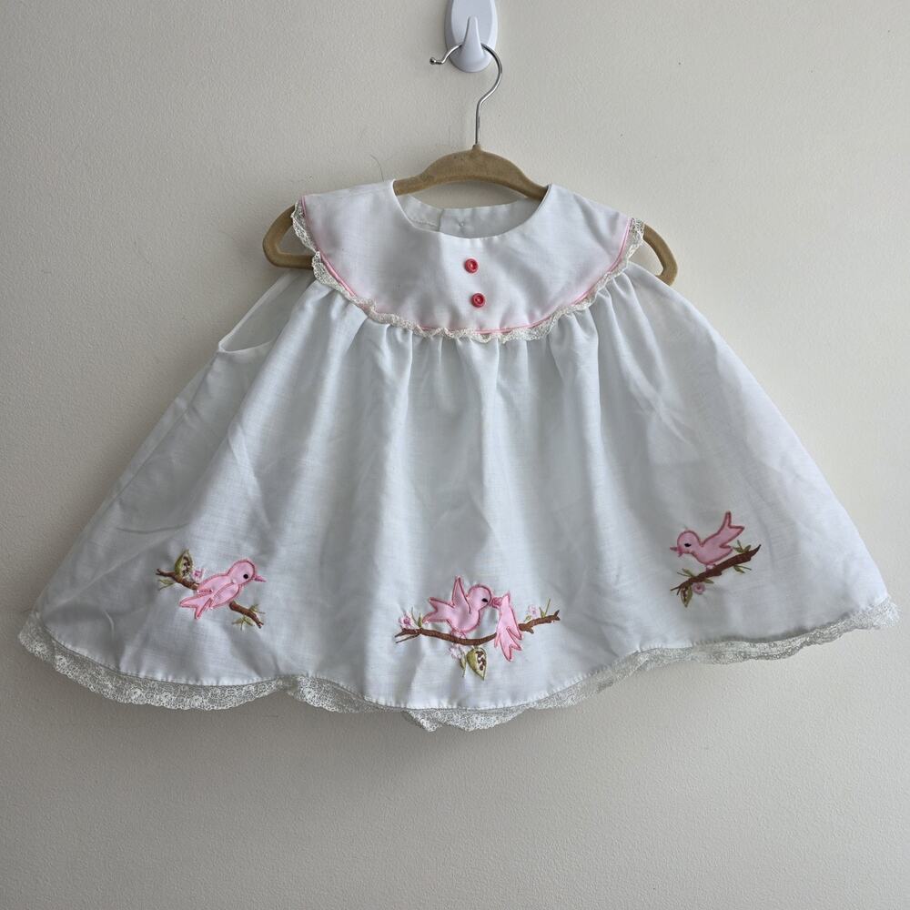 Vtg 60s Style 3 To 6 Month Old Dress Birds Embroidery Baptism Easter White Lace